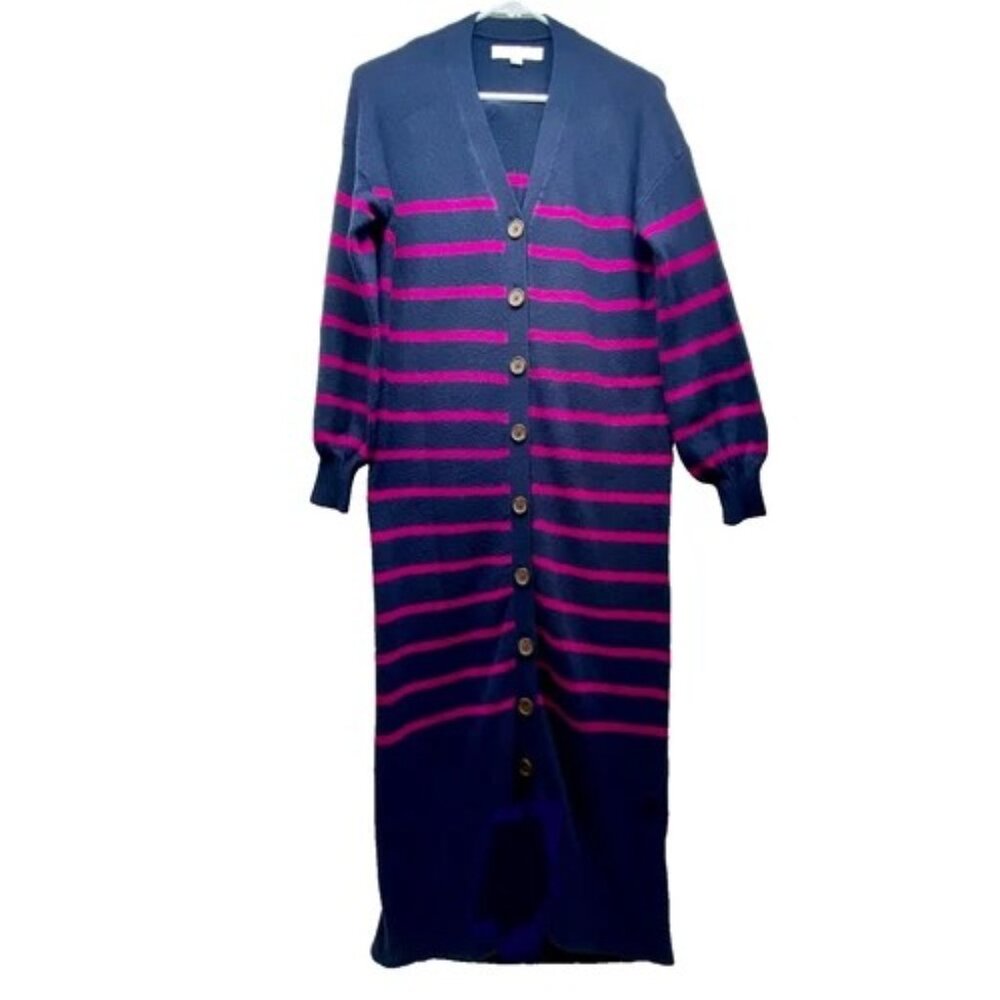 Loft Sweater Dress Women's Small Navy Purple Stripe Knit Full Button Maxi‎ EUC